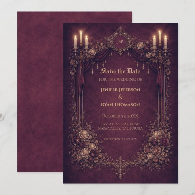 Gothic halloween wedding save the date invitation (Devant / Derrière)