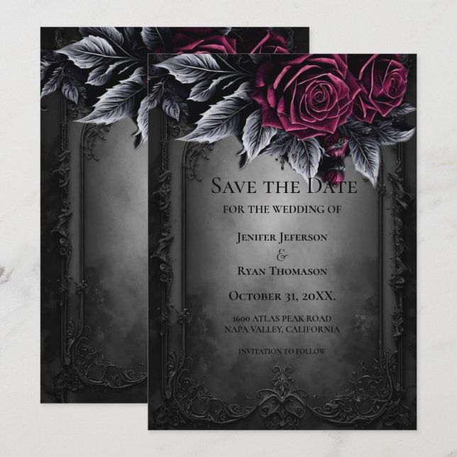 Gothic halloween wedding save the date invitation (Devant / Derrière)