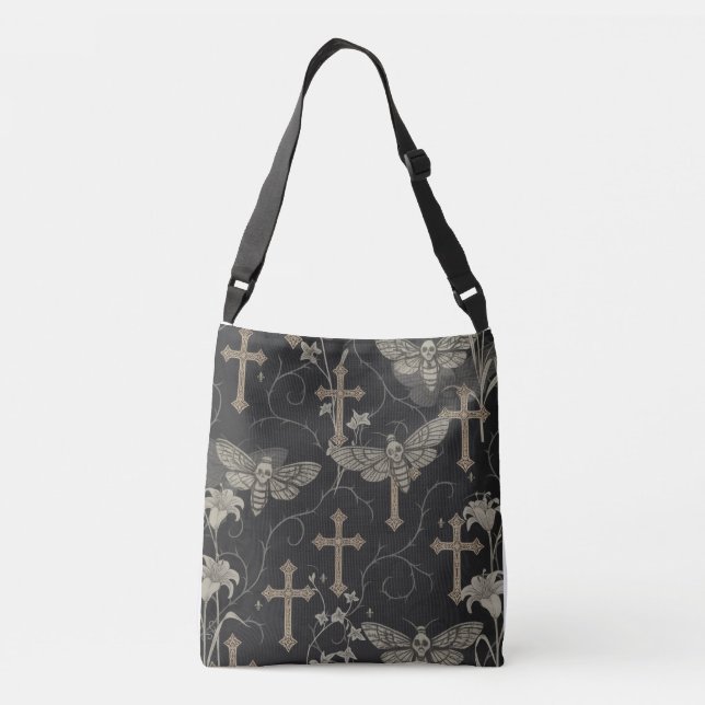 Gothic Moth & Cross Damask Tote Bag – Dark Vintage (Dos)
