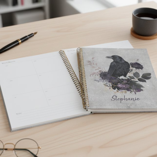 Gothique Académique Sombre Corbeau (Floral black raven daily planner)