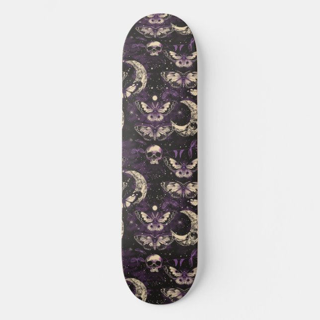 Gothique Black Purple Skulls Moths Moon Skateboard (Recto)