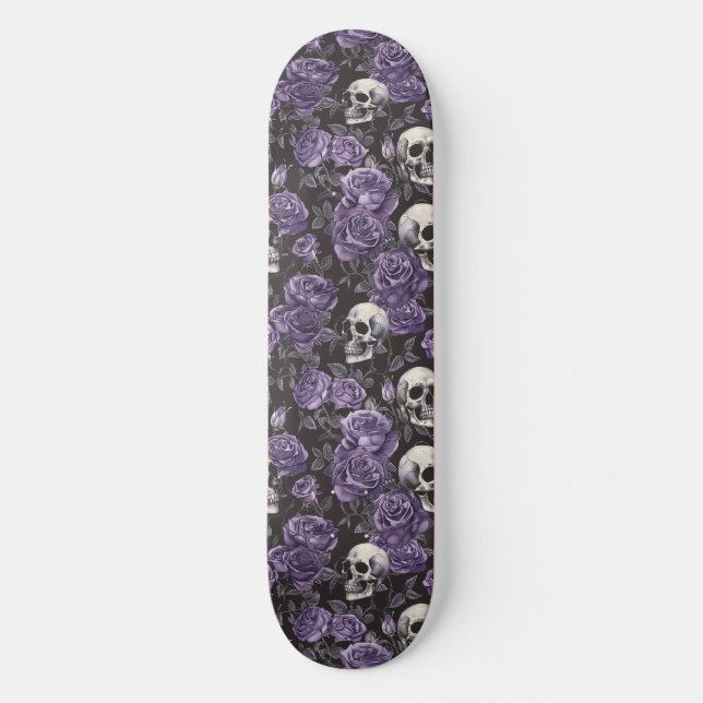 Gothique Black Purple Skuls et Rose Skateboard (Recto)
