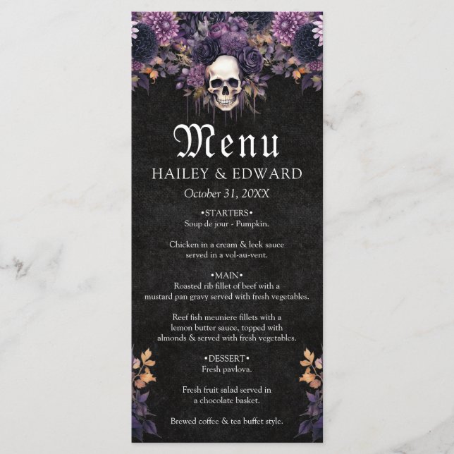 Gothique Crâne floral foncé Halloween Menu Mariage (Devant)