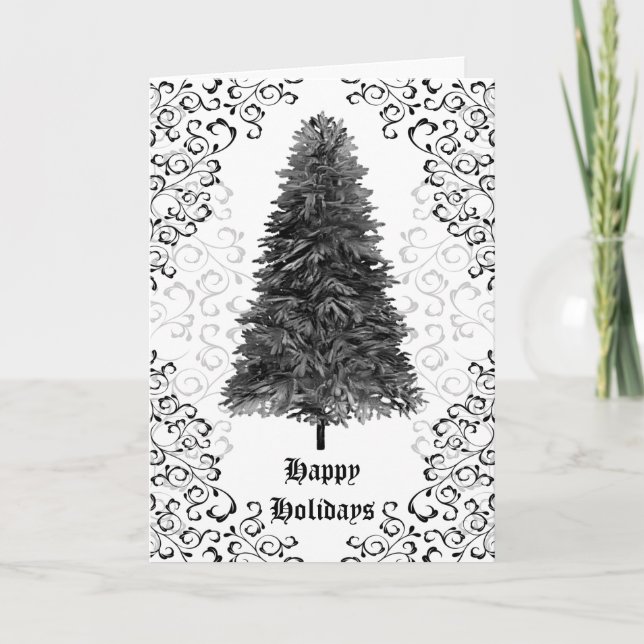 Gothique Damask Black Christmas Tree Carte de vaca (Devant)