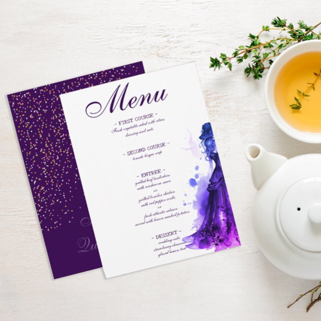 Gothique Glam Quince menu violet Quinceañera (Gothic Glam Quince purple menu for a Quinceañera celebration. )