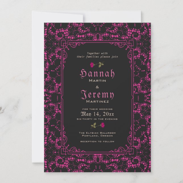Gothique Magenta Black Lace Rose Invitation (Devant)