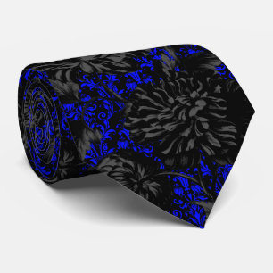 Gothique Noir & Bleu Damas Floral Mariage Cravate