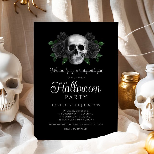 Gothique Noir Crâne floral Halloween Invitation (Gothic Black Floral Skull Halloween Invitation)