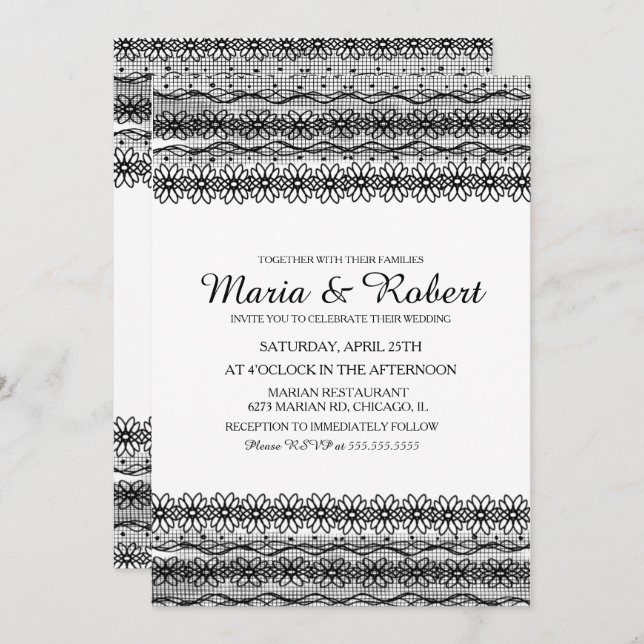 Gothique Noir Floral Dentelle Mariage Invitations (Devant / Derrière)