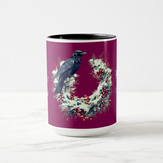 Gothique Noir Oiseau Noël Wreath Mug (Centre)