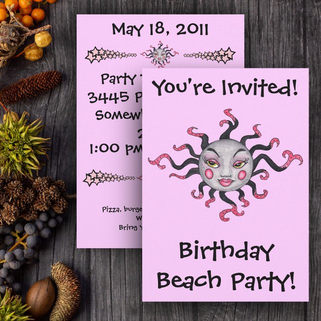 Gothique Noir Rose Sun Goddess Invitations (Fantasy Black and pink sun with pretty face on pink party invitation.)
