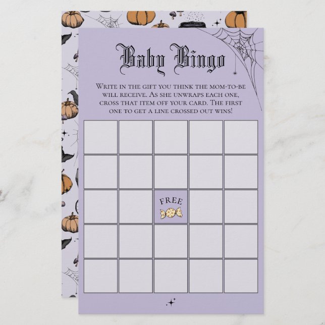 Gothique Purple Bingo Baby shower Jeu (Devant / Derrière)