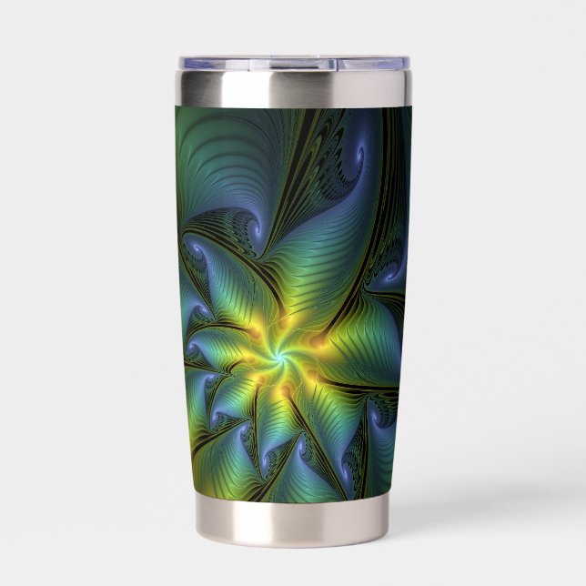 Gourde Isotherme Abstract Star, Shiny Blue Green Golden Fractal Art (Extérieur)