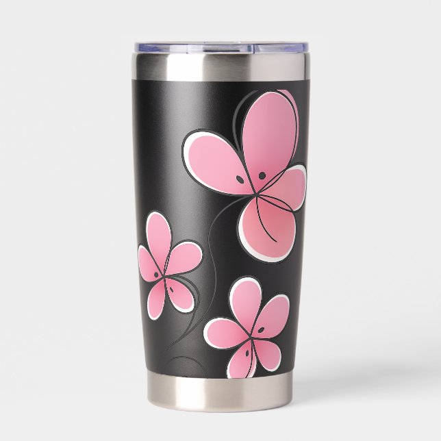 Gourde Isotherme Bouteille isolée noire avec design floral rose (Extérieur)