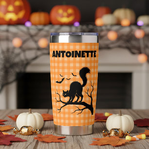Gourde Isotherme Chat noir et chauves-souris Halloween Plaid orange