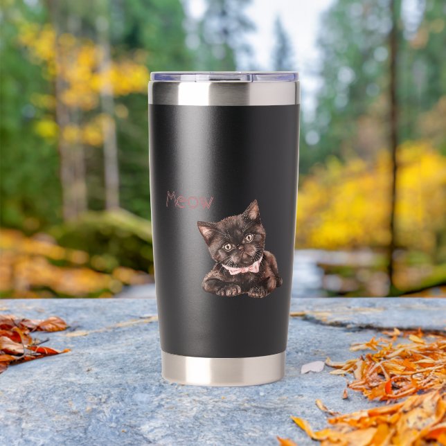 Gourde Isotherme Chat noir ruban rose (En extérieur (pivoté))