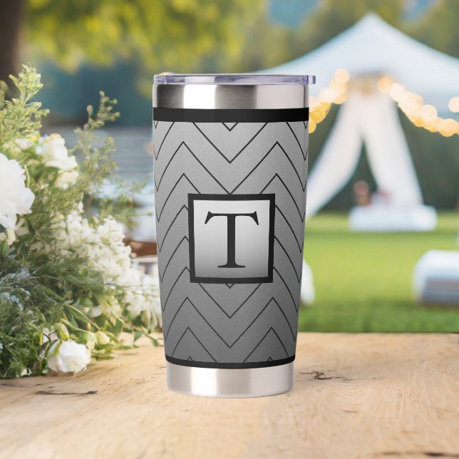 Gourde Isotherme Chic moderne noir et gris Chevron (Mariage)