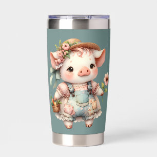 Gourde Isotherme Cochonnet Pastel Mignon en Salopette Cottagecore