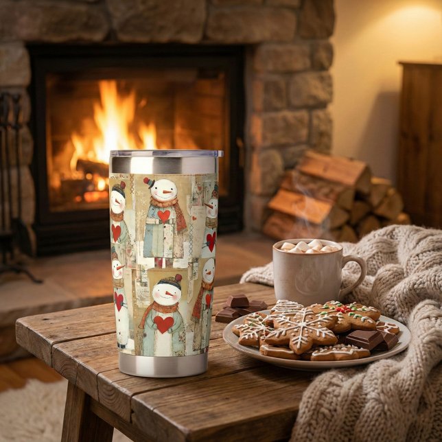 Gourde Isotherme Coeur de bonhomme de neige adorable pour l'hiver (Insulated tumbler featuring a whimsical pattern with snowmen carrying warm red heart)