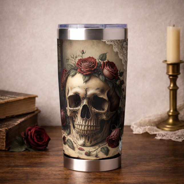 Gourde Isotherme Conception de monogramme de roses de crâne gothiqu (Gothic Skull Roses Monogram Dark Academia Design Insulated Tumbler)