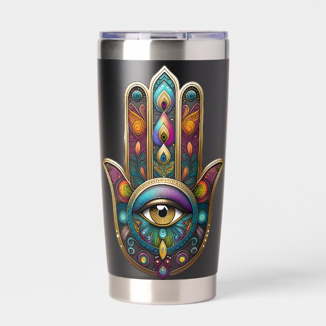 Gourde Isotherme Couleurs de paon Hamsa avec troisième œil doré (Extérieur)