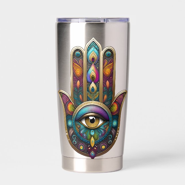 Gourde Isotherme Couleurs de paon Hamsa avec troisième œil doré (Extérieur)