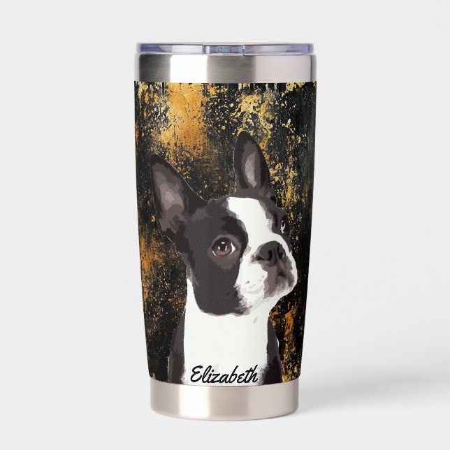 Gourde Isotherme Cute Boston Terrier Nom Chien Noir Classé Moderne (Couvercle)