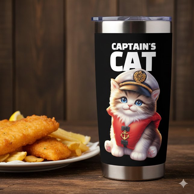Gourde Isotherme Cute Funny Captain's Cat in a Captain's Hat (Whimsical Captain's Cat in a Captain's Hat Stainless Steel Tumbler Cover Photo)