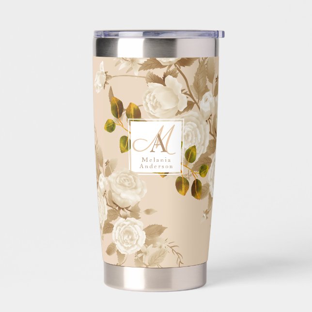 Gourde Isotherme Élégant Monogramme Beige Or Rose (Gauche)