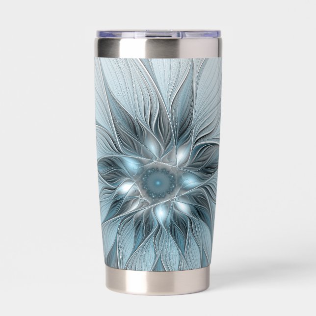 Gourde Isotherme Fleur joyeuse abstraite fleur bleue grise fractale (Extérieur)