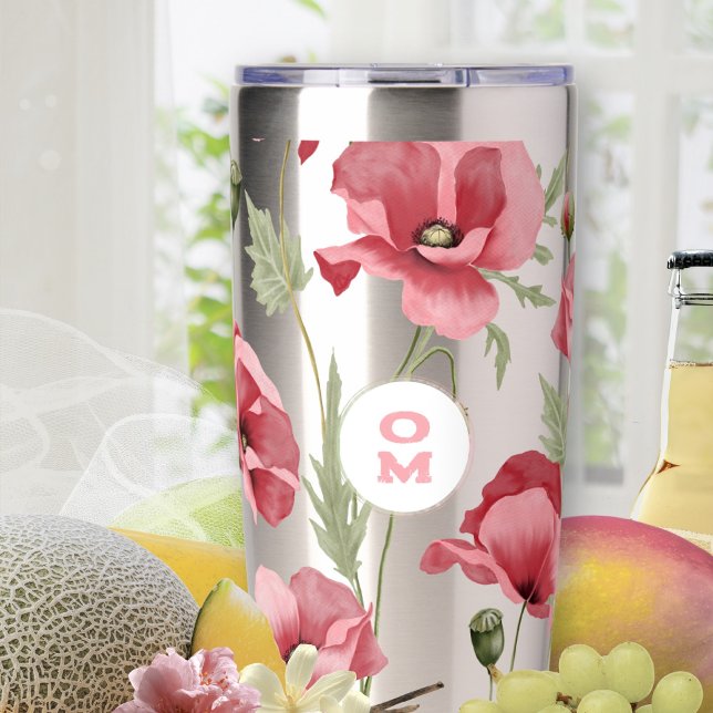 Gourde Isotherme Fleur sauvage Monogramme rose grand pavot Romantiq (Pink Poppy Stainless Steel Monogram Insulated Tumbler ©Susanne Sachers - Sunny Mind 🌞)