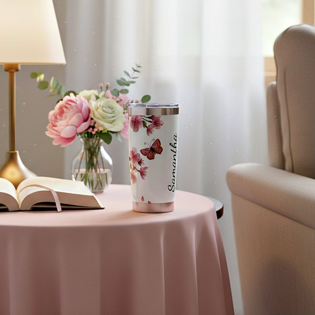 Gourde Isotherme Fleurs de cerisiers et papillons personnalisés (Créateur téléchargé)