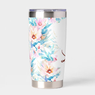 Gourde Isotherme Fleurs personnalisées aquarelle rose et bleu