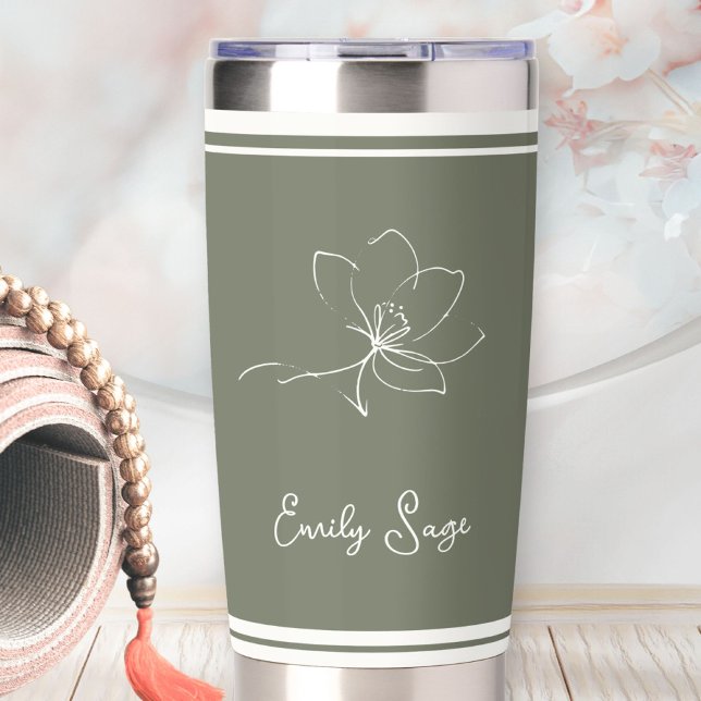 Gourde Isotherme Floral Zen Athletic Stripes Ivory Sage Green (Minimalist Floral Line Art Zen Sage Green Ivory Insulated Tumbler ©Sunny Wanderlust 🌞✈️)