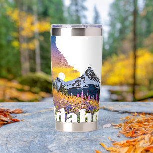 Gourde Isotherme Forme de l'Idaho avec montagne et fleurs sauvages