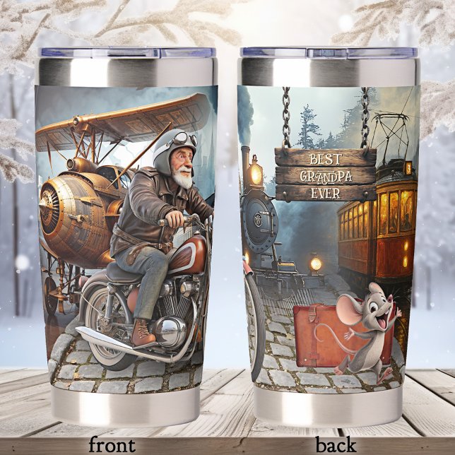 Gourde Isotherme Funny Vintage Best Grandpa Ever (Thermal tumbler featuring a funny collage of vintage transportation images with a grandpa on a bike )