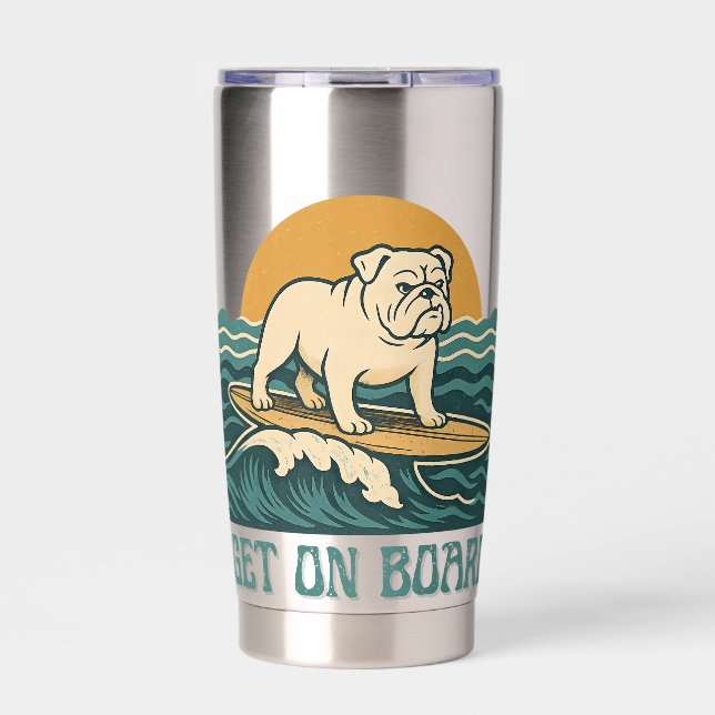 Gourde Isotherme Get On Board Surfer Dog Retro Art -Bulldog Surfing (Extérieur)
