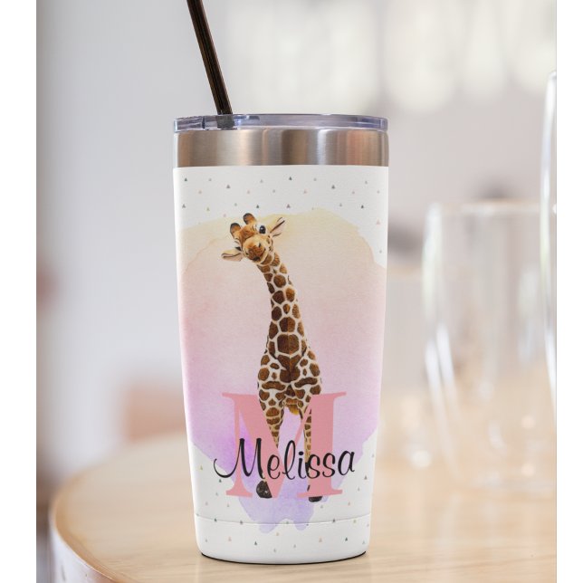 Gourde Isotherme Joli Monogramme Aquarelle Nom Giraffe Jungle (Cute giraffe travel mug for work, on the beach, every day use.)