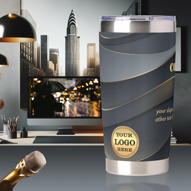 Gourde Isotherme Logo personnalisé Gris Gold Business (Office thermal tumbler featuring your custom logo and texts on a grey gold abstract design)