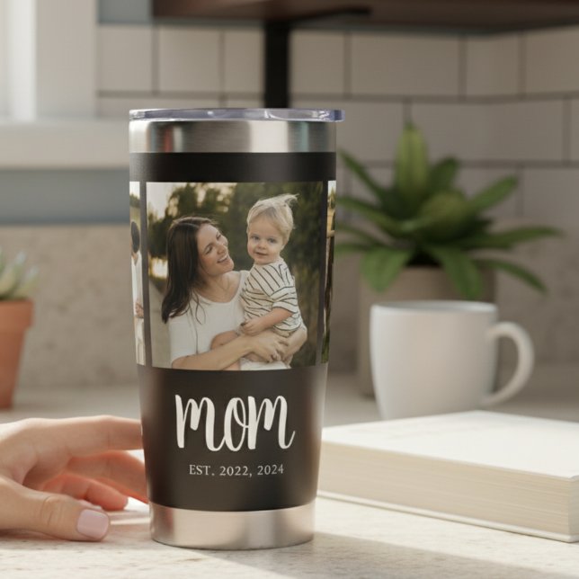Gourde Isotherme Maman a établi un script noir 3 Photo (modern minimal black tumbler with mom established date in white script with 3 photo design for gifts)