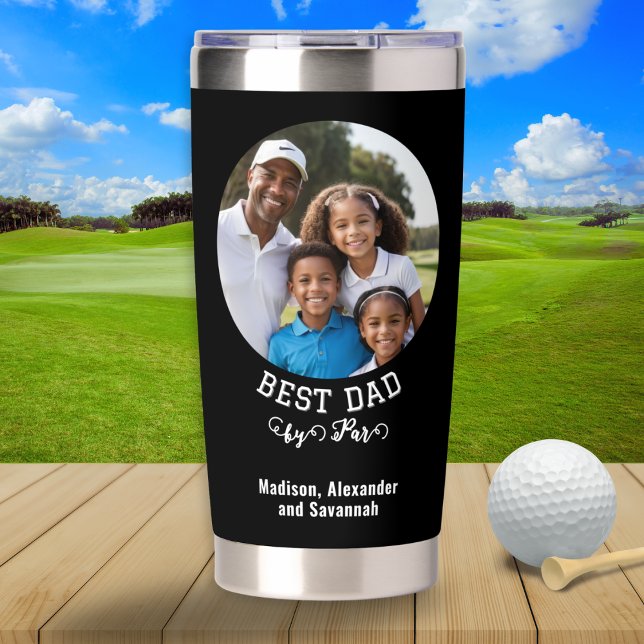 Gourde Isotherme Meilleur papa par Par Fête des pères Photo personn (A thermal tumbler for a golf-loving Dad on Father's Day, with custom photo and text)