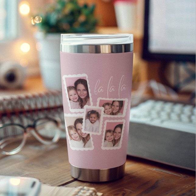 Gourde Isotherme Moderne Noël « Fa La La » Multi Photo Rose (Créateur téléchargé)