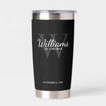 Gourde Isotherme Monogramme de script personnalisé et Groomsmen de<br><div class="desc">Ajoutez une touche personnelle à votre mariage avec un cadeau personnalisé pour les groomsmen. Ce design présente le nom personnalisé du marionnettiste en style de police de script classique blanc avec des détails mariages en style de police serif classique blanc et monogramme en style de police serif classique gris clair...</div>
