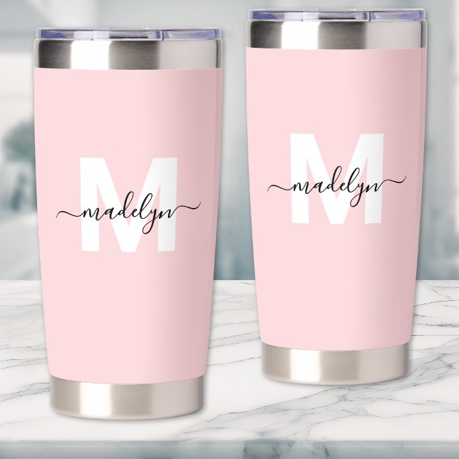 Gourde Isotherme Monogramme Féminin Rose Fardé Nom (Blush Pink Girly Monogram Name Insulated Tumbler)