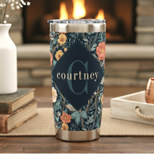 Gourde Isotherme Monogramme floral élégant William Morris bleu