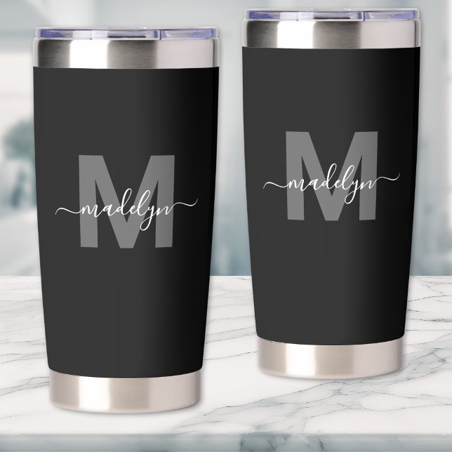 Gourde Isotherme Monogramme Moderne Noir Blanc Nom (Black White Modern Name Monogram Insulated Tumbler)