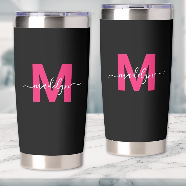 Gourde Isotherme Monogramme noir rose vif de nom (Hot Pink Black Name Monogram Insulated Tumbler)