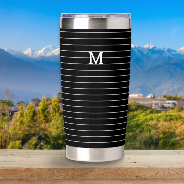 Gourde Isotherme Monogramme rayé noir et blanc (A travel mug with white pinstripe pattern on a black background, with custom monogram initial)