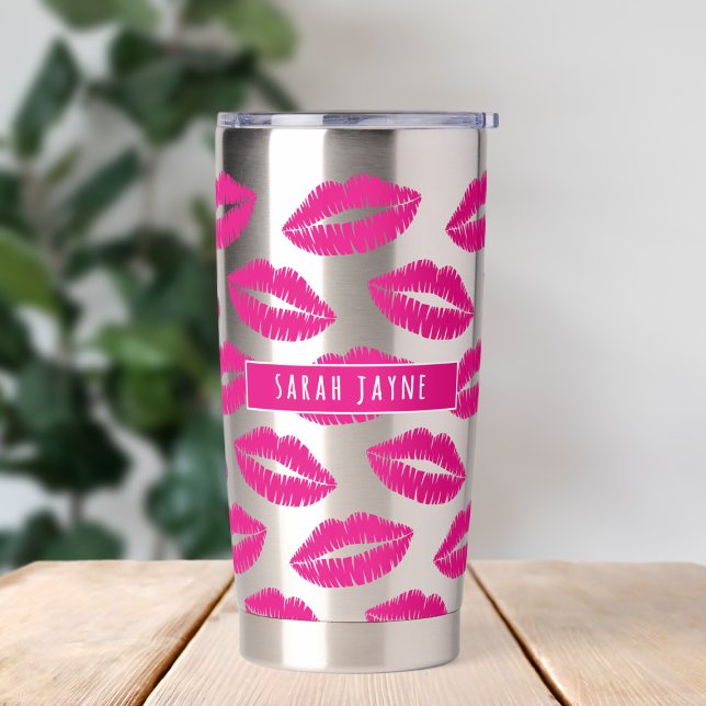 Gourde Isotherme Motif à lèvres rose chaud Baisseur isolé  (Hot pink lipstick kisses tumbler with space for your name)