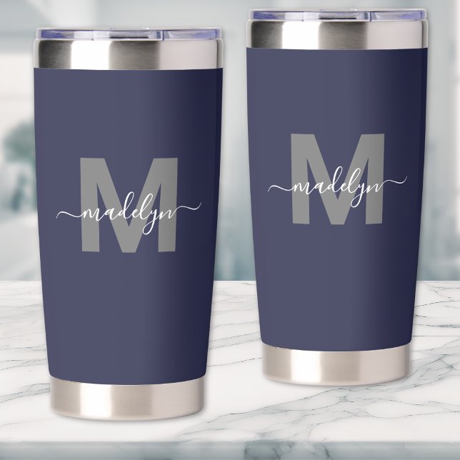 Gourde Isotherme Nom bleu marine Monogramme (Navy Blue Name Monogram Insulated Tumbler )